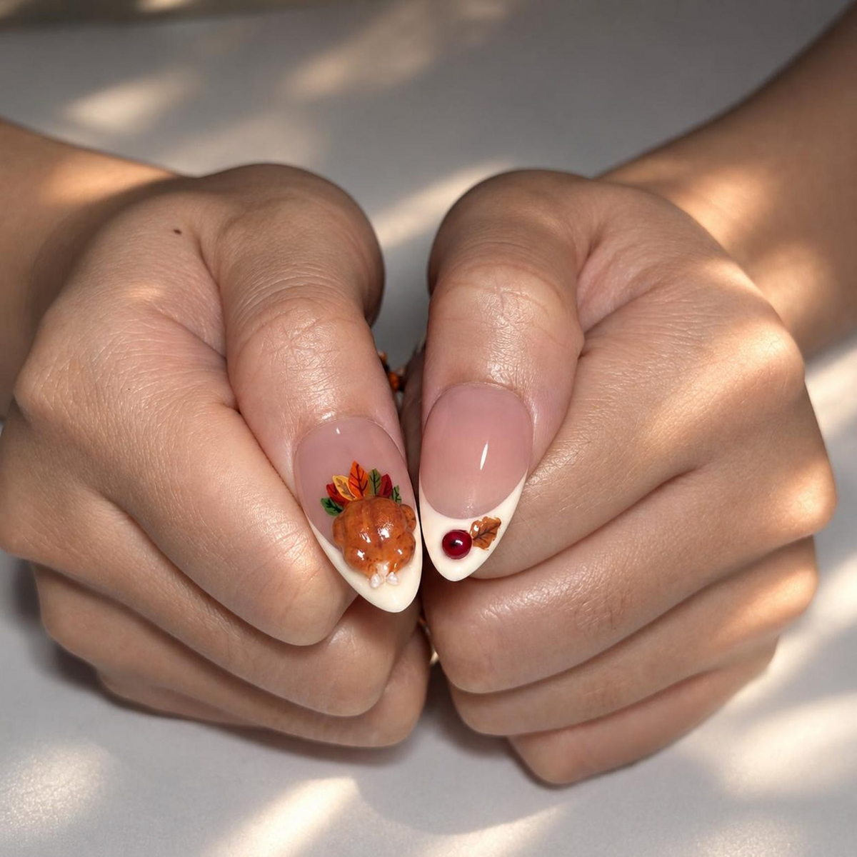 Fall Press On Nails, 3D Pumpkin Almond Nails, Autumn Floral French Tips, Acorn Nail Art, Handmade Harvest Nails | OB694XT