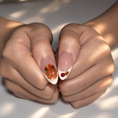 Fall Press On Nails, 3D Pumpkin Almond Nails, Autumn Floral French Tips, Acorn Nail Art, Handmade Harvest Nails | OB694XT