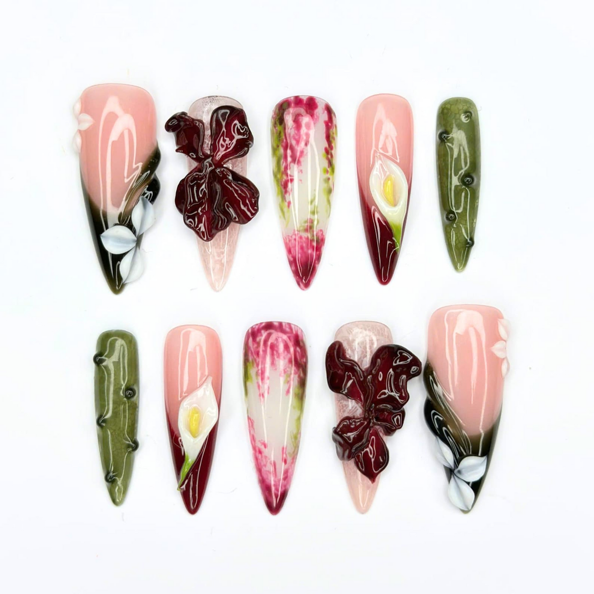Floral Press On Nails with 3D Burgundy Flowers | Calla Lily & Olive Green Art | Botanical Statement Nails | OB557UC