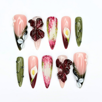 Floral Press On Nails with 3D Burgundy Flowers | Calla Lily & Olive Green Art | Botanical Statement Nails | OB557UC