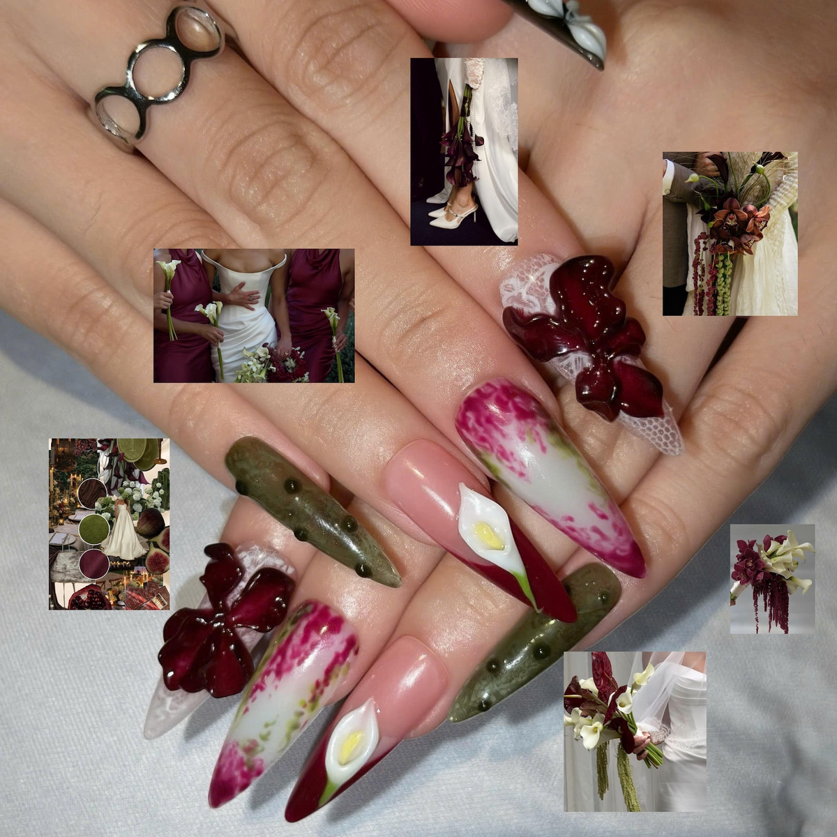 Floral Press On Nails with 3D Burgundy Flowers | Calla Lily & Olive Green Art | Botanical Statement Nails | OB557UC