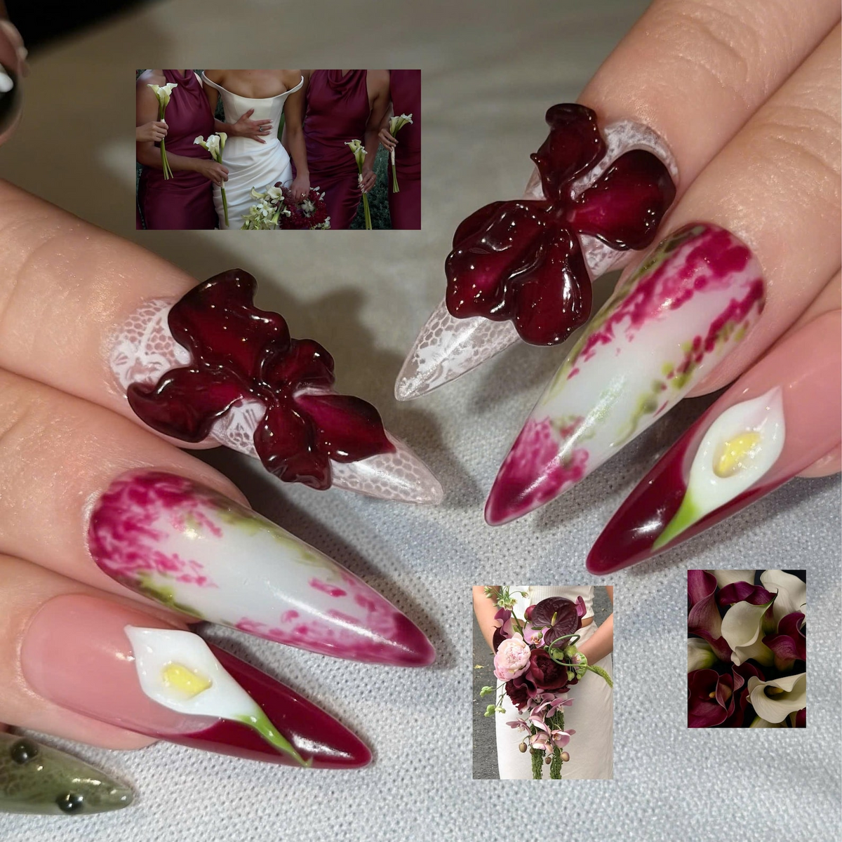 Floral Press On Nails with 3D Burgundy Flowers | Calla Lily & Olive Green Art | Botanical Statement Nails | OB557UC
