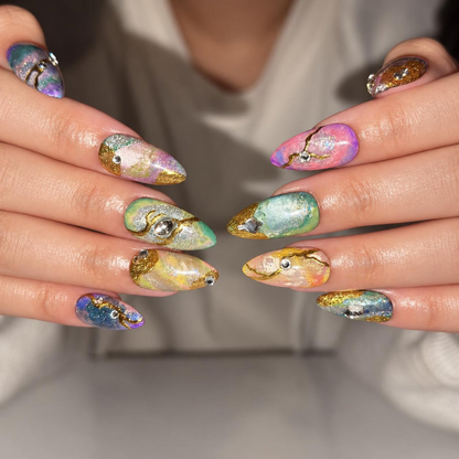 Galaxy Cat Eye Press On Nails, Teal Celestial Nail Art, Long Almond Winter Star Nails, 3D Snowflakes, Silver Crystal Charms | OB704XA