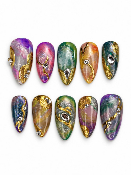 Galaxy Cat Eye Press On Nails, Teal Celestial Nail Art, Long Almond Winter Star Nails, 3D Snowflakes, Silver Crystal Charms | OB704XA