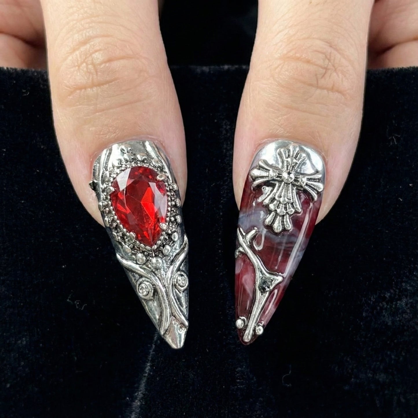 Gothic Blood Cross Press On Nails | Dark Red Medieval Nails | Silver Armor Nail Art | Gothic Cross Statement Nails | JB265EK