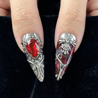 Gothic Blood Cross Press On Nails | Dark Red Medieval Nails | Silver Armor Nail Art | Gothic Cross Statement Nails | JB265EK