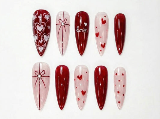 Valentine’s Day Heart Press On Nails | Red & Pink Romantic Nail Set | Handmade Gift for Girlfriend | Elegant Stiletto Fake Nails | HC999GC