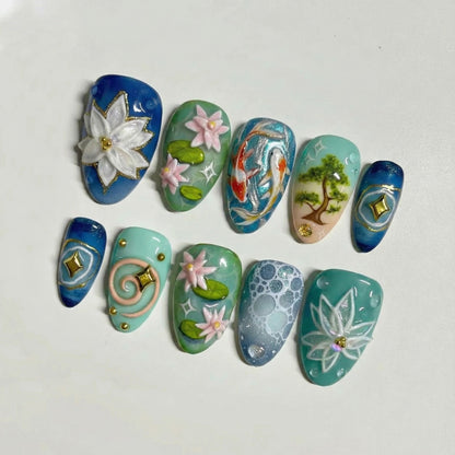 Lotus Koi Serenity Press On Nails | Zen Pond Nail Art | Koi Fish & Lotus Flower Nails | Nature Inspired Press Ons | JB264EC