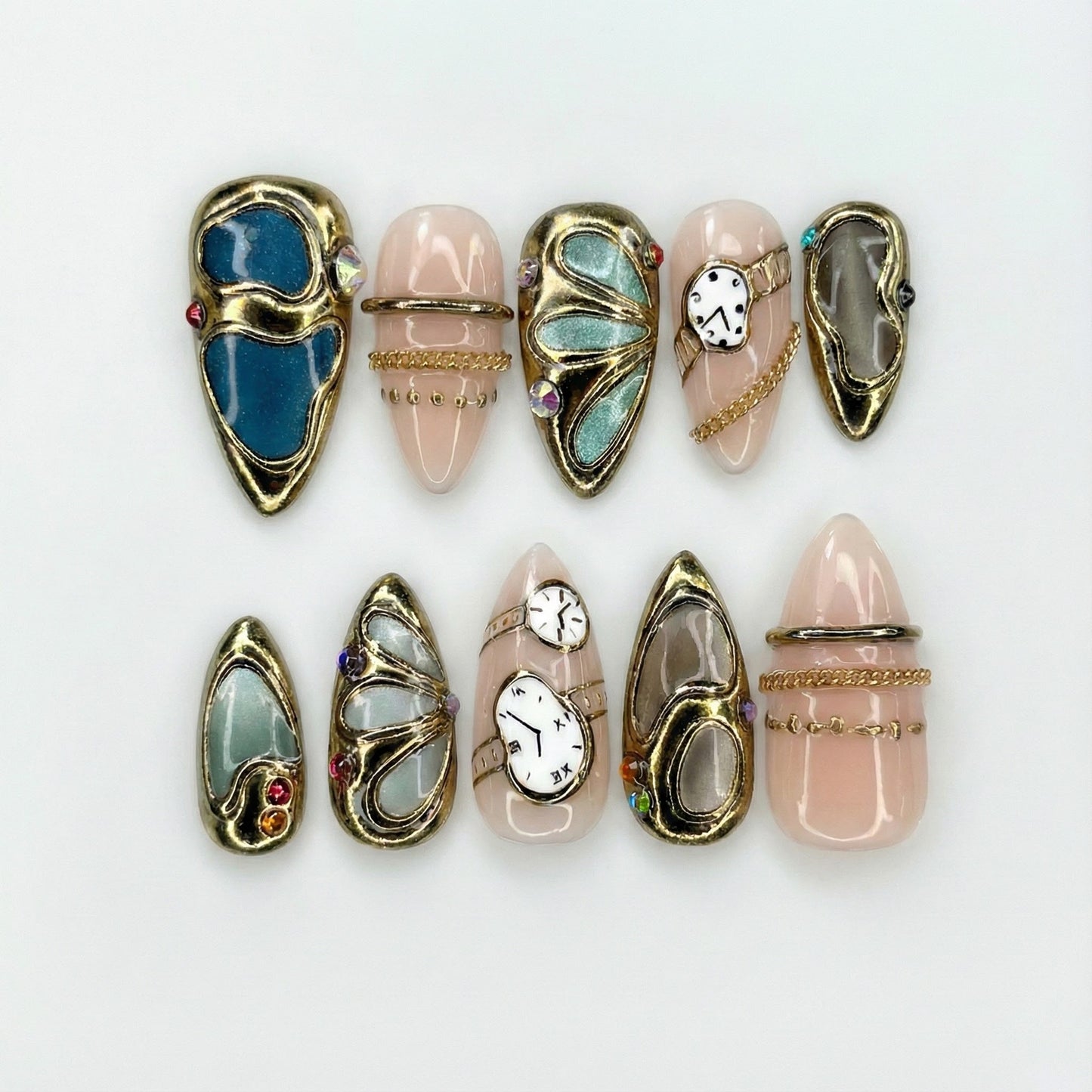 Opulent Gold Luxury Press On Nails | Vintage Watch Gothic Nail Art | Gold Frame Clock Inspired Nail Set | HC1239EC