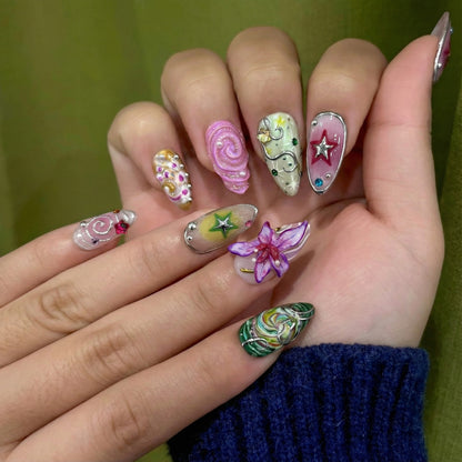 Spring Fairy Garden Press On Nails | Colorful 3D Floral Nail Art | Fantasy Galaxy Press Ons | Handmade Statement Nails | JB266EC