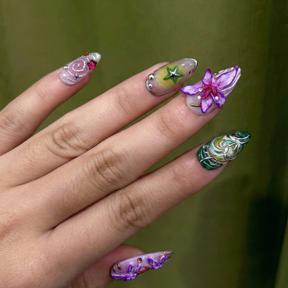 Spring Fairy Garden Press On Nails | Colorful 3D Floral Nail Art | Fantasy Galaxy Press Ons | Handmade Statement Nails | JB266EC