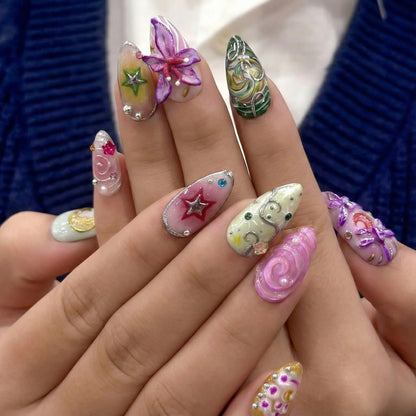 Spring Fairy Garden Press On Nails | Colorful 3D Floral Nail Art | Fantasy Galaxy Press Ons | Handmade Statement Nails | JB266EC