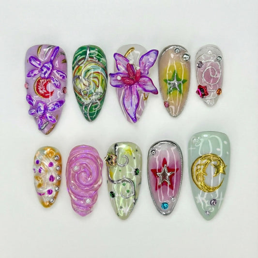 Spring Fairy Garden Press On Nails | Colorful 3D Floral Nail Art | Fantasy Galaxy Press Ons | Handmade Statement Nails | JB266EC