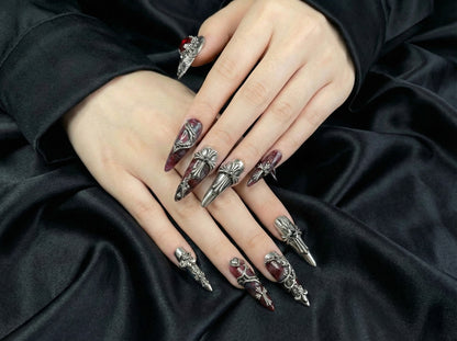 Gothic Blood Cross Press On Nails | Dark Red Medieval Nails | Silver Armor Nail Art | Gothic Cross Statement Nails | JB265EK