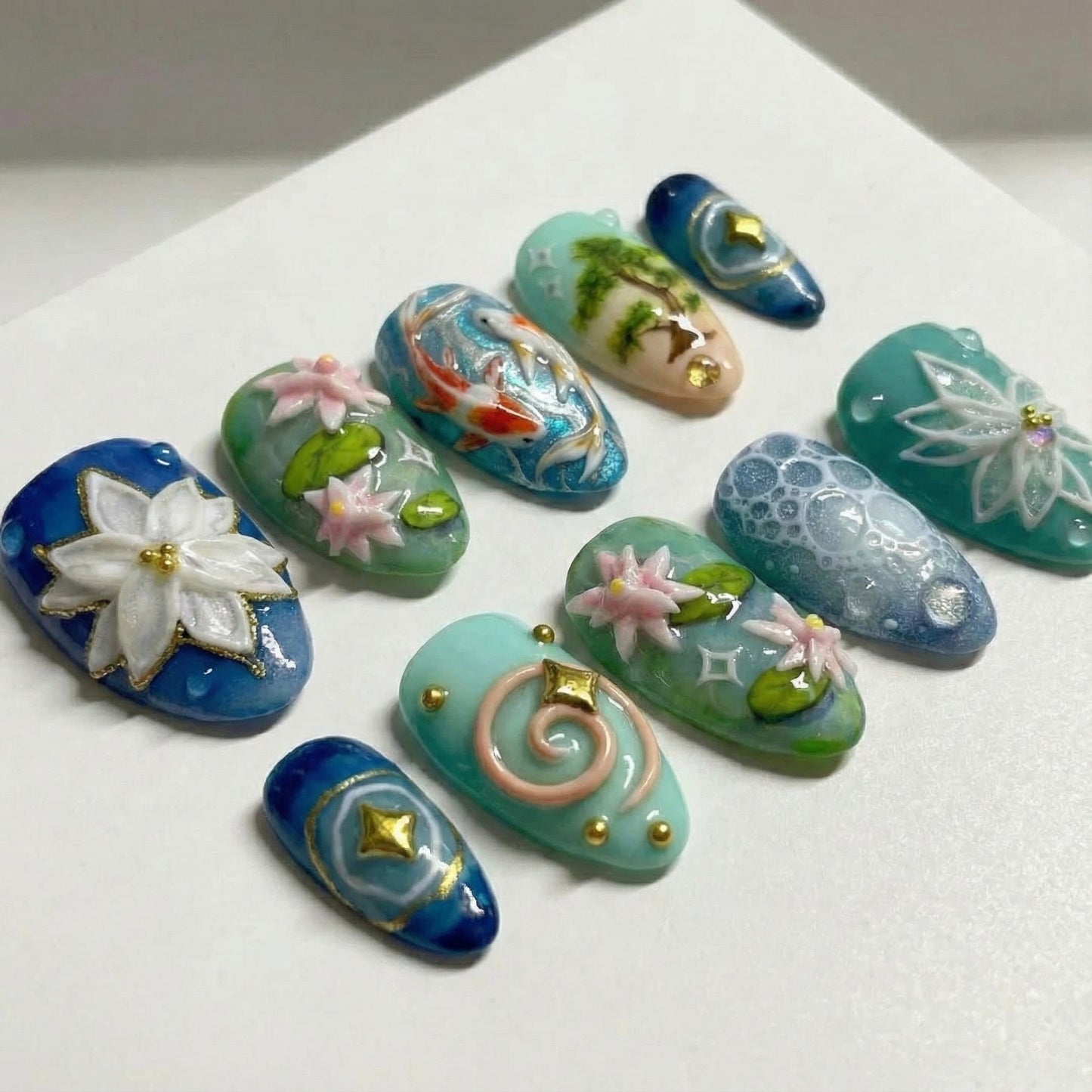 Lotus Koi Serenity Press On Nails | Zen Pond Nail Art | Koi Fish & Lotus Flower Nails | Nature Inspired Press Ons | JB264EC