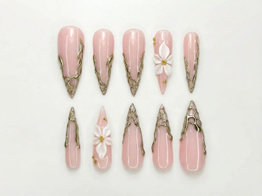 Nude Pink Luxury Press On Nails | Blush Floral Nails | 3D White Flower Nail Art | Elegant Bridal Press Ons | Soft Glam Nail Set | HC1232HC