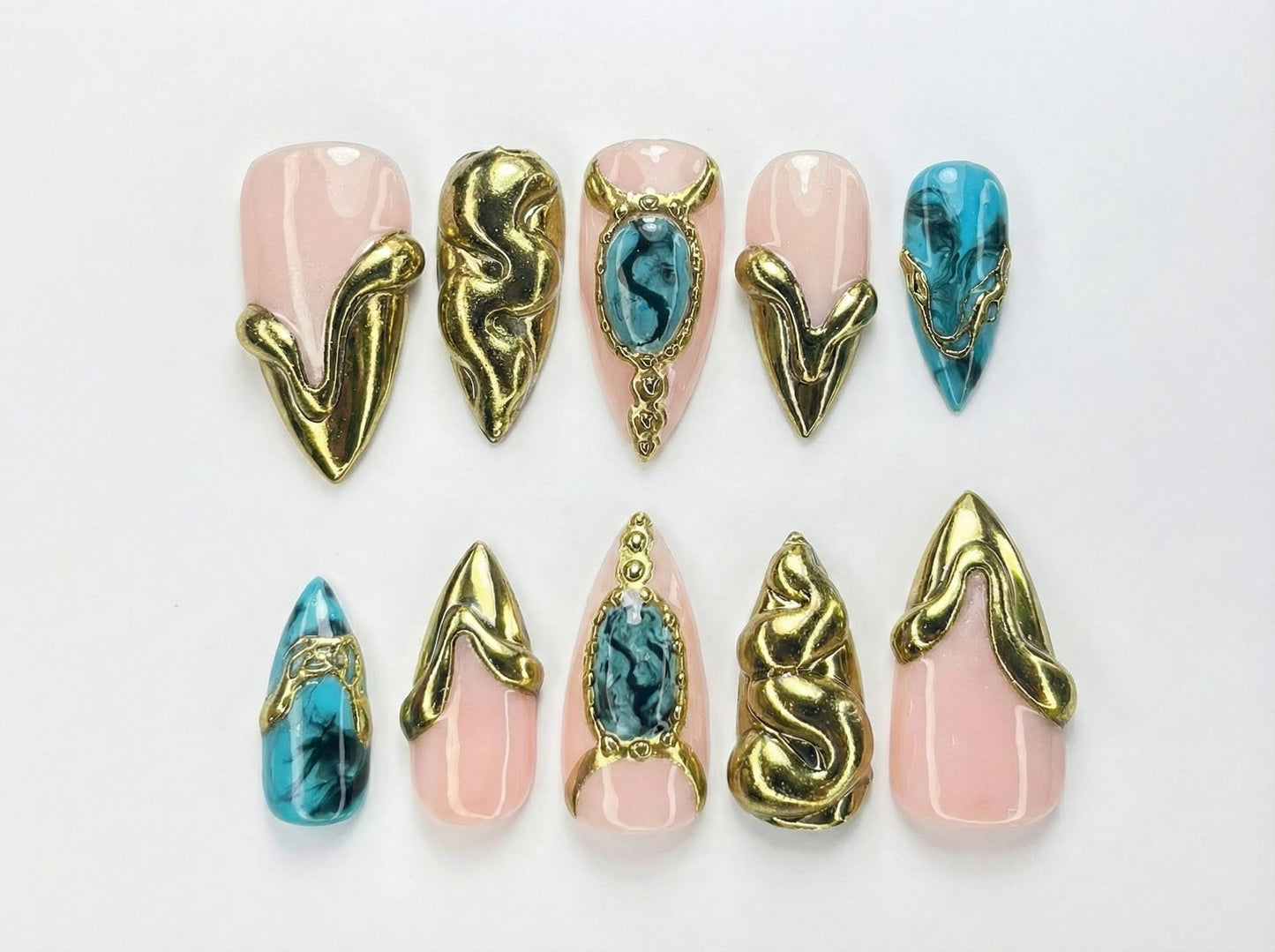 Metallic Turquoise Gold Press On Nails | Luxury Abstract Chrome Fake Nails |3D Sculpture Nail Art | Stone Acrylic Nails|HB833YC