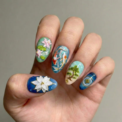 Lotus Koi Serenity Press On Nails | Zen Pond Nail Art | Koi Fish & Lotus Flower Nails | Nature Inspired Press Ons | JB264EC