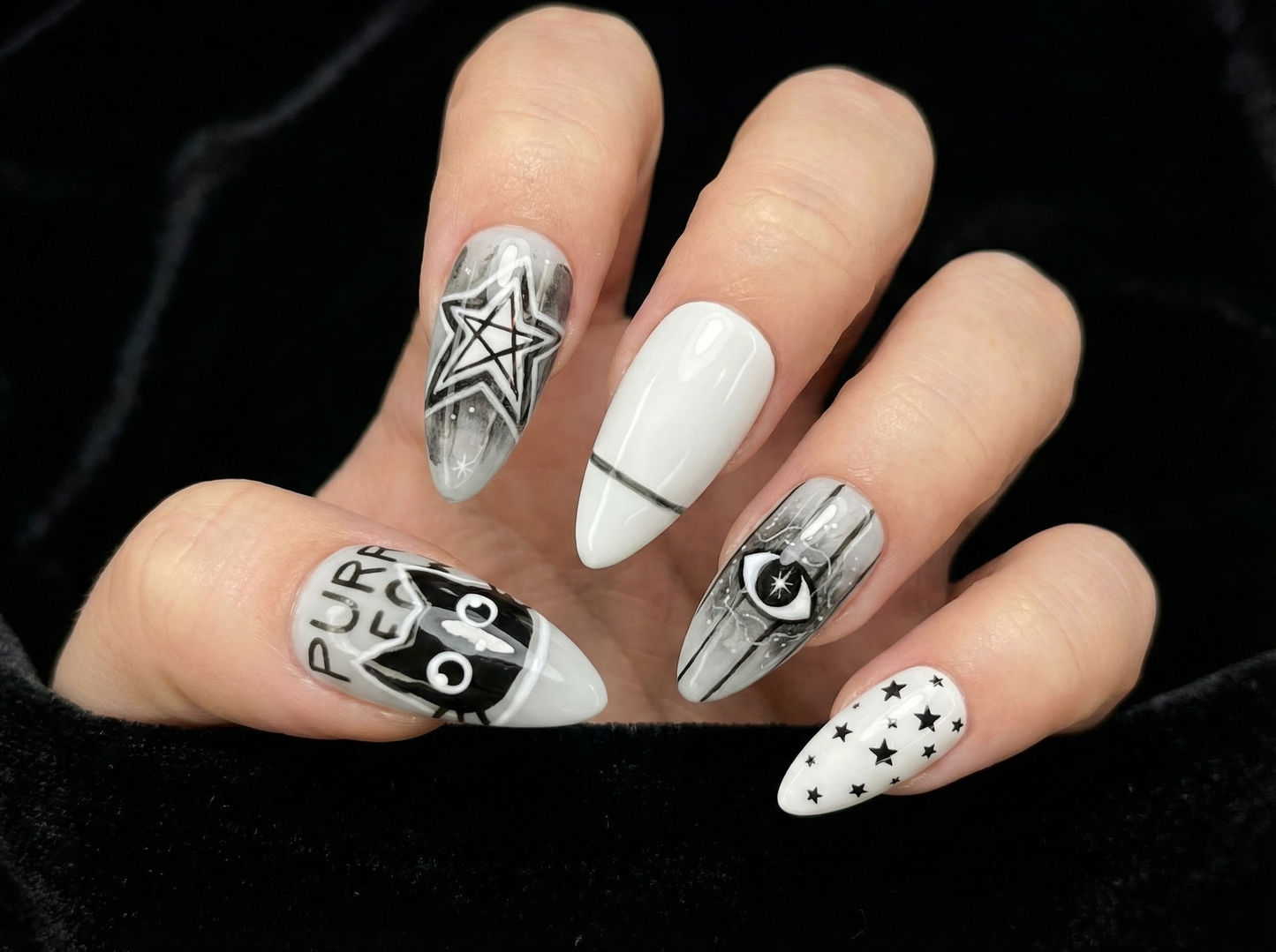 Cosmic Black Cat Press On Nails | Gothic Cat Nail Art | Moon Star Astrology Nails | Witchy Black White Press Ons | Mystic Nail Set | JB263H