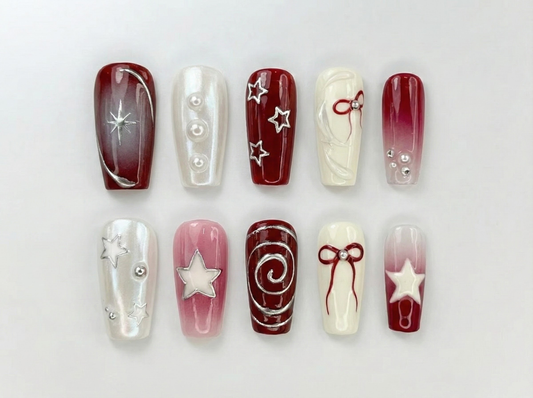 Y2k Elegant Motifs Press On Nails | Y2k-Inspired Nail Set | Red and White with Unique Chrome Designs on Fake nails | HC77