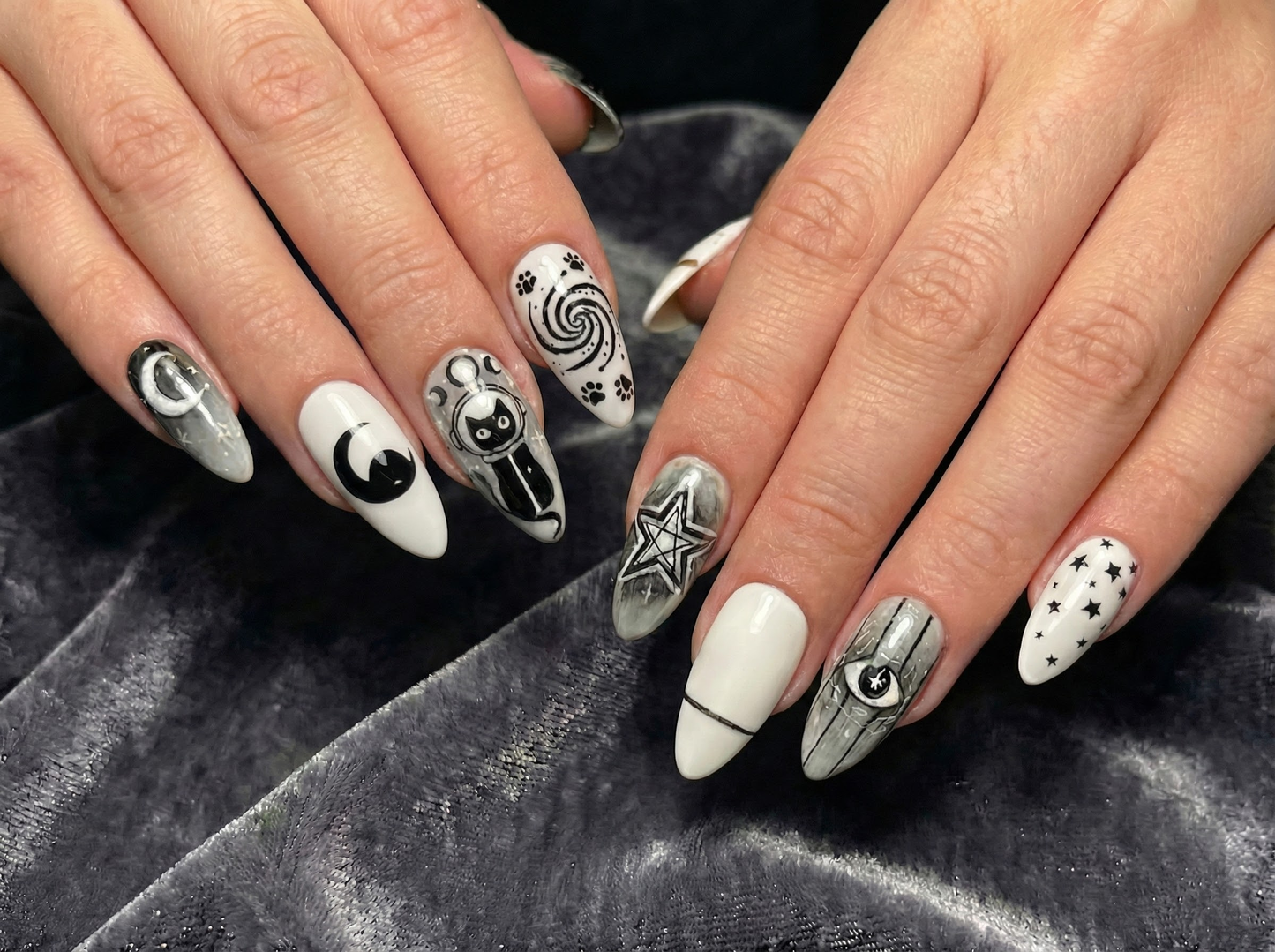 Cosmic Black Cat Press On Nails | Gothic Cat Nail Art | Moon Star Astrology Nails | Witchy Black White Press Ons | Mystic Nail Set | JB263H