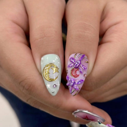 Spring Fairy Garden Press On Nails | Colorful 3D Floral Nail Art | Fantasy Galaxy Press Ons | Handmade Statement Nails | JB266EC