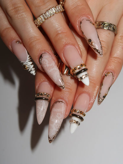 White Lace & Gold Coquette Press On Nails by Icy Nails 4u | Luxury Bridal Stiletto | DU02L