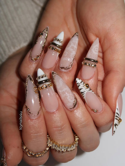 White Lace & Gold Coquette Press On Nails by Icy Nails 4u | Luxury Bridal Stiletto | DU02L