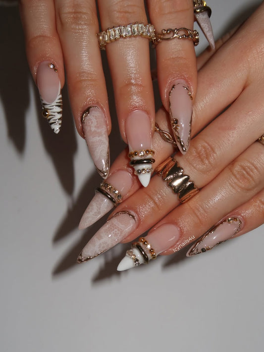 White Lace & Gold Coquette Press On Nails by Icy Nails 4u | Luxury Bridal Stiletto | DU02L