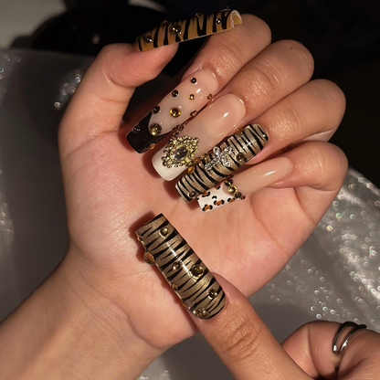 Gold Tiger Stripe and Leopard Print Press On Nails | 3D Rhinestone Jewelry Charms | Nude Black Animal Print | Long Square Nails | OB1469UI