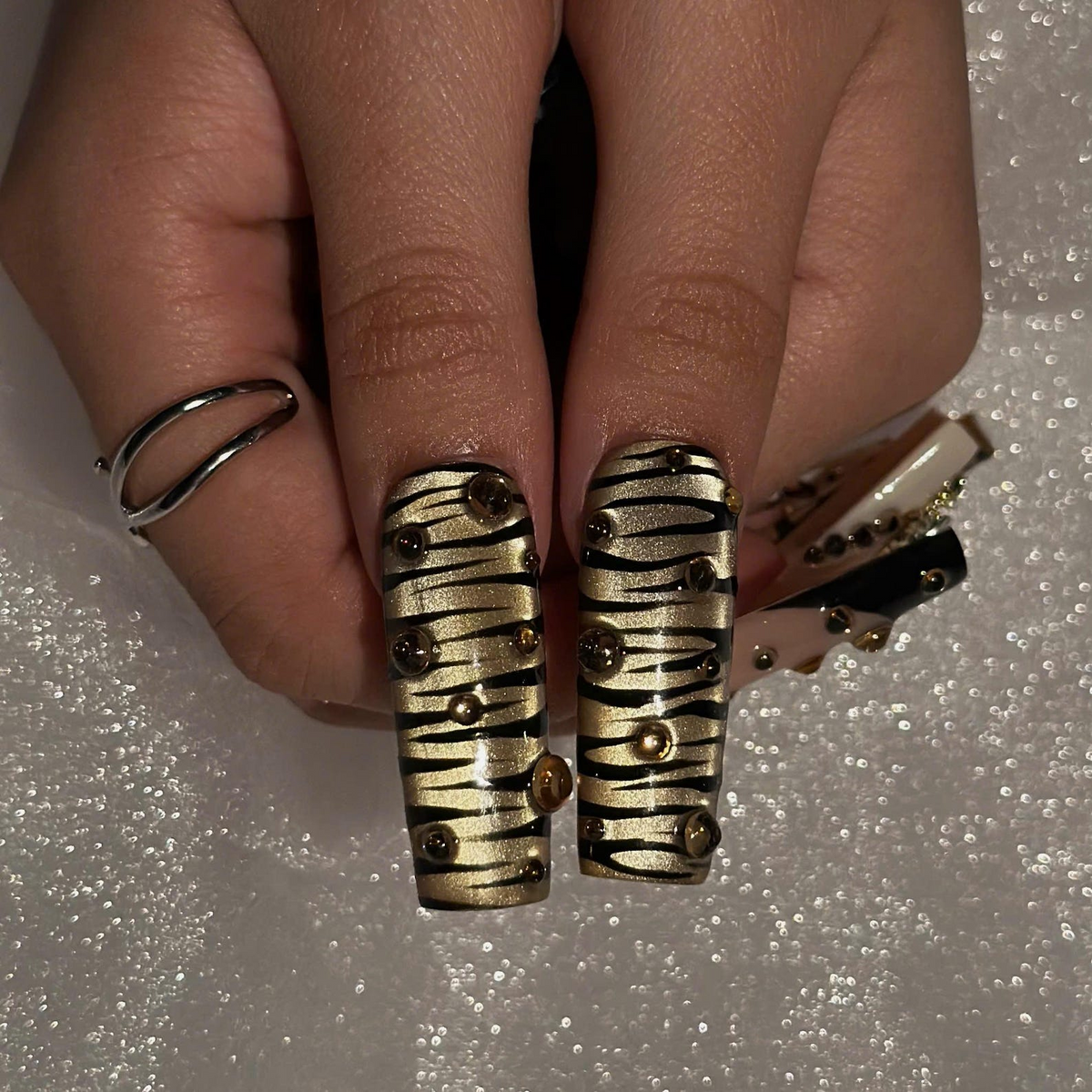 Gold Tiger Stripe and Leopard Print Press On Nails | 3D Rhinestone Jewelry Charms | Nude Black Animal Print | Long Square Nails | OB1469UI