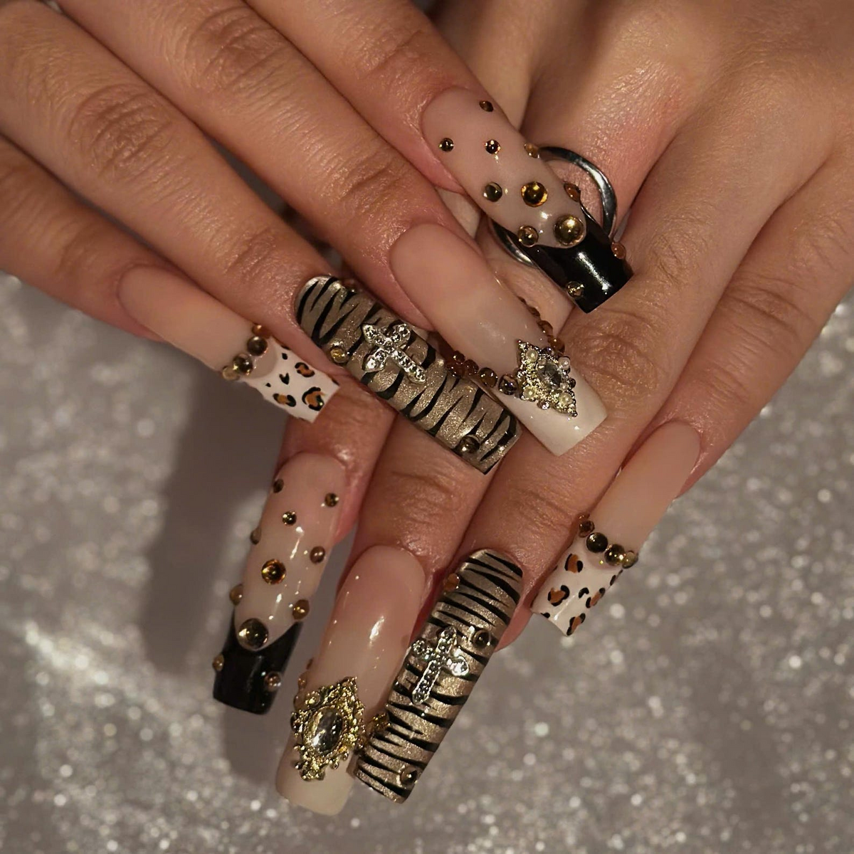 Gold Tiger Stripe and Leopard Print Press On Nails | 3D Rhinestone Jewelry Charms | Nude Black Animal Print | Long Square Nails | OB1469UI
