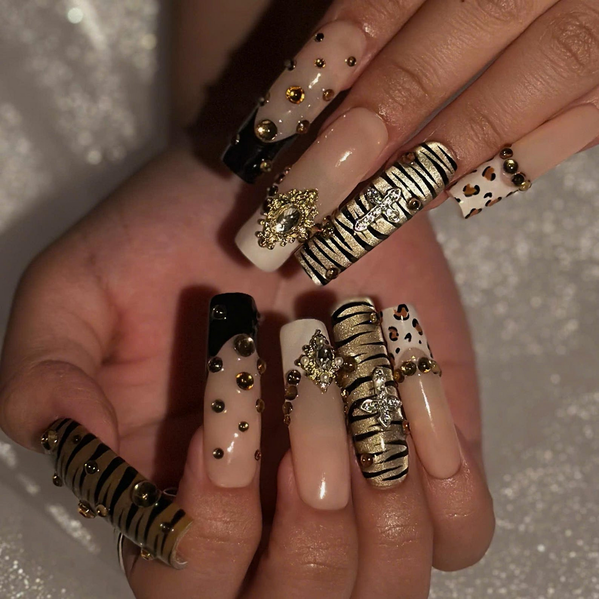 Gold Tiger Stripe and Leopard Print Press On Nails | 3D Rhinestone Jewelry Charms | Nude Black Animal Print | Long Square Nails | OB1469UI