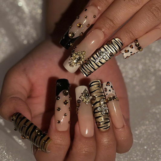 Gold Tiger Stripe and Leopard Print Press On Nails | 3D Rhinestone Jewelry Charms | Nude Black Animal Print | Long Square Nails | OB1469UI