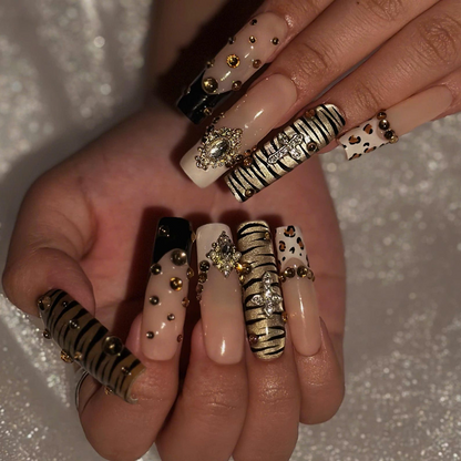 Gold Tiger Stripe and Leopard Print Press On Nails | 3D Rhinestone Jewelry Charms | Nude Black Animal Print | Long Square Nails | OB1469UI