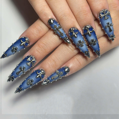 Gothic Cross Press On Nails | Blue Silver Jewelry Nail Set | Skull Heart Alternative Nails | Punk Rock Statement Manicure | OC1385JG