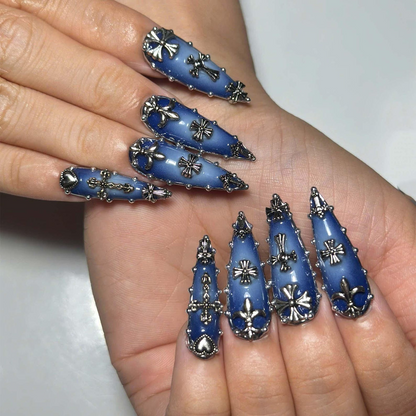 Gothic Cross Press On Nails | Blue Silver Jewelry Nail Set | Skull Heart Alternative Nails | Punk Rock Statement Manicure | OC1385JG