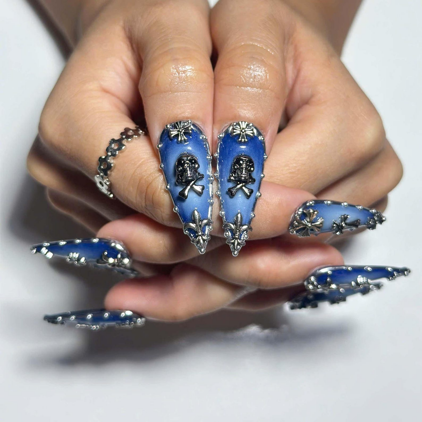 Gothic Cross Press On Nails | Blue Silver Jewelry Nail Set | Skull Heart Alternative Nails | Punk Rock Statement Manicure | OC1385JG