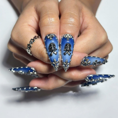 Gothic Cross Press On Nails | Blue Silver Jewelry Nail Set | Skull Heart Alternative Nails | Punk Rock Statement Manicure | OC1385JG