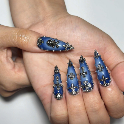 Gothic Cross Press On Nails | Blue Silver Jewelry Nail Set | Skull Heart Alternative Nails | Punk Rock Statement Manicure | OC1385JG