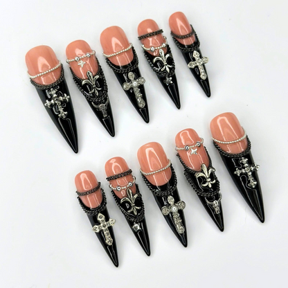 Gothic Press On Nails | Silver Cross & Butterfly Charms | Black Chain Nail Art | Dark Jewelry Long Stiletto Press Ons | OB681UI