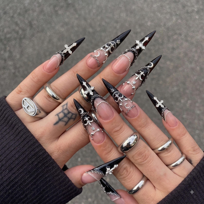 Gothic Press On Nails | Silver Cross & Butterfly Charms | Black Chain Nail Art | Dark Jewelry Long Stiletto Press Ons | OB681UI
