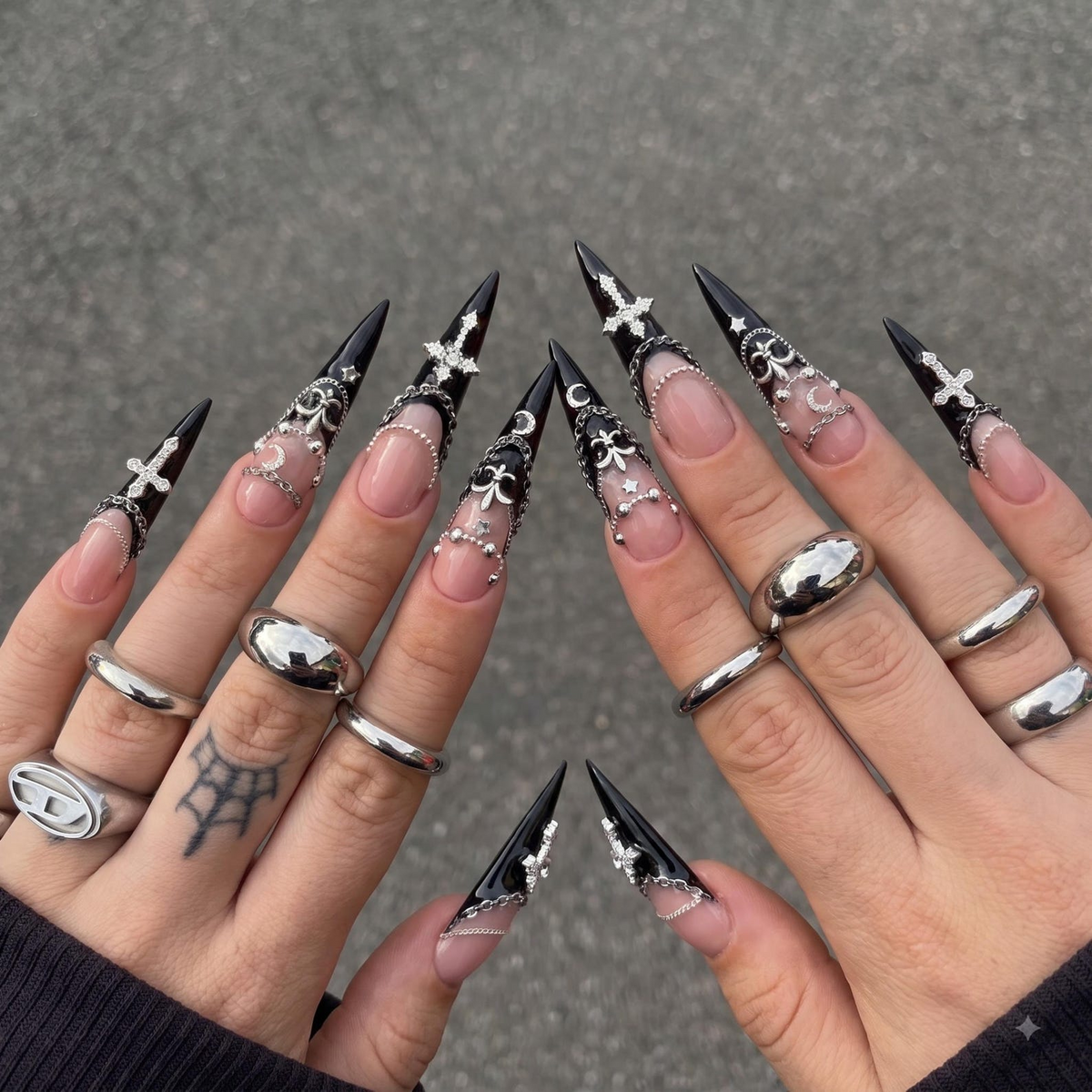 Gothic Press On Nails | Silver Cross & Butterfly Charms | Black Chain Nail Art | Dark Jewelry Long Stiletto Press Ons | OB681UI