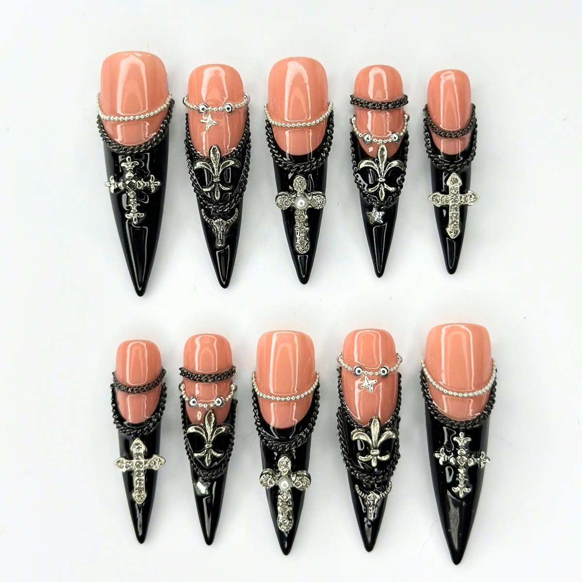 Gothic Press On Nails | Silver Cross & Butterfly Charms | Black Chain Nail Art | Dark Jewelry Long Stiletto Press Ons | OB681UI