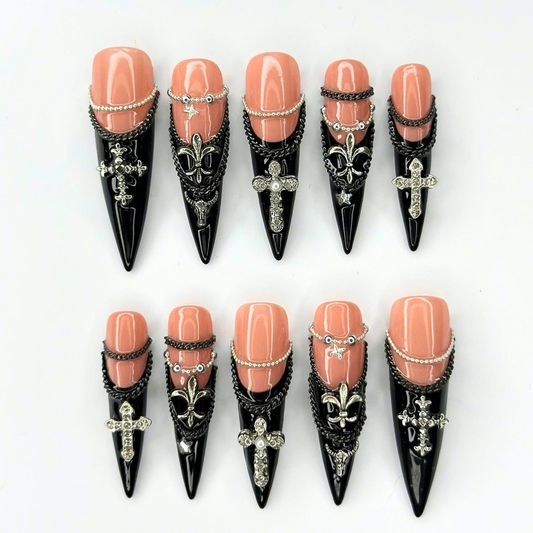 Gothic Press On Nails | Silver Cross & Butterfly Charms | Black Chain Nail Art | Dark Jewelry Long Stiletto Press Ons | OB681UI