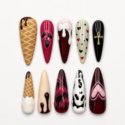 Gothic Press On Nails with Chocolate Drip , Burgundy Heart Nail Art , Handmade 3D Nails for Dark Romantic Style | OB512WA