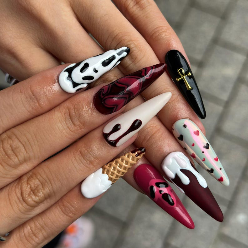 Gothic Press On Nails with Chocolate Drip , Burgundy Heart Nail Art , Handmade 3D Nails for Dark Romantic Style | OB512WA