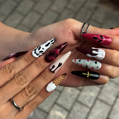 Gothic Press On Nails with Chocolate Drip , Burgundy Heart Nail Art , Handmade 3D Nails for Dark Romantic Style | OB512WA