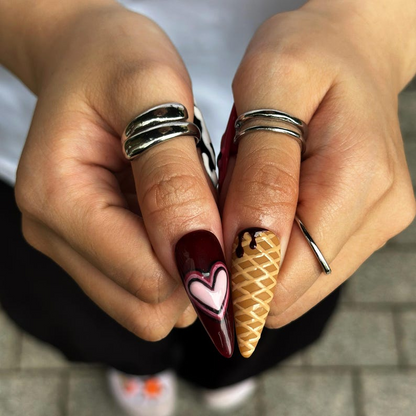 Gothic Press On Nails with Chocolate Drip , Burgundy Heart Nail Art , Handmade 3D Nails for Dark Romantic Style | OB512WA