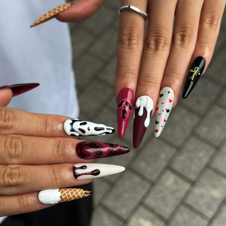Gothic Press On Nails with Chocolate Drip , Burgundy Heart Nail Art , Handmade 3D Nails for Dark Romantic Style | OB512WA